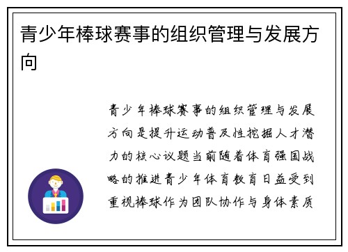 青少年棒球赛事的组织管理与发展方向